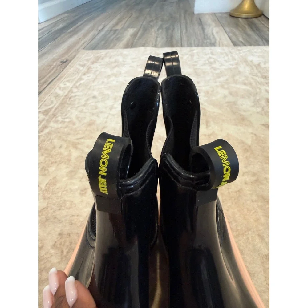 Lemon Jelly City 01 Black Pink Ankle Rain Boots Vegan Chelsea Boot Size 38 NWOB